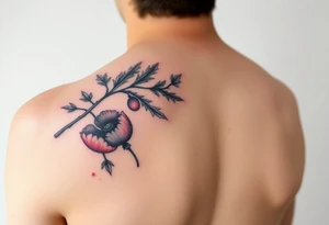 colored tattoo on the shoulder with the image of an oak branch and poppy seeds tattoo idea