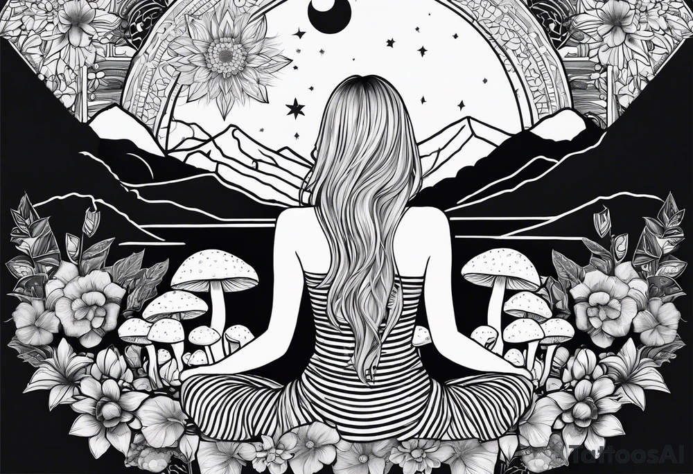 Straight blonde hair girl meditating facing away toward mountains surrounded by mushrooms crescent moon mandala circular design black and white striped dress tattoo idea