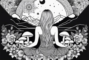 Straight blonde hair girl meditating facing away toward mountains surrounded by mushrooms crescent moon mandala circular design black and white striped dress tattoo idea