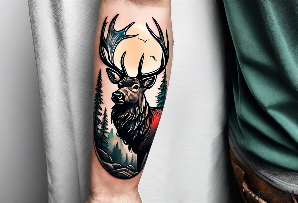 sleeve pine tree moutain elk tattoo idea