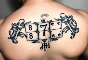 dominosteine mit den augen nummern 8 7 6 und beim letzten unten 6 und oben die Inizialen JH tattoo idea