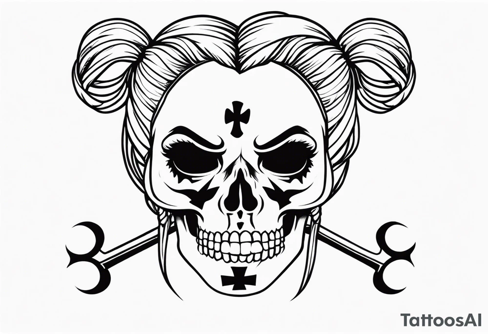 feminine skull and cross bones with hair in two blonde pigtails tattoo idea