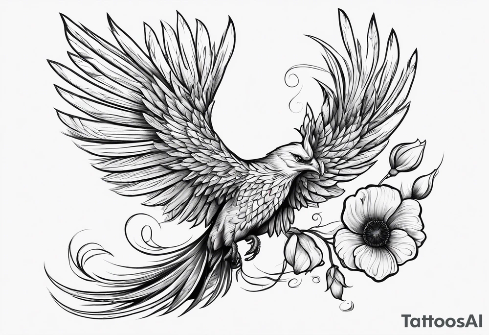 elongated phoenix in flight
in profile long tail with claws holding poppies falling tattoo idea
