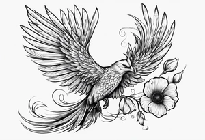 elongated phoenix in flight 
in profile long tail with claws holding poppies falling tattoo idea