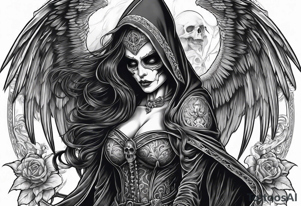 Lady death grim reaper with angel wings, scythe and skulls and tattoo idea