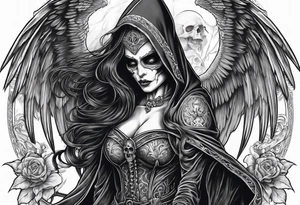 Lady death grim reaper with angel wings, scythe and skulls and tattoo idea