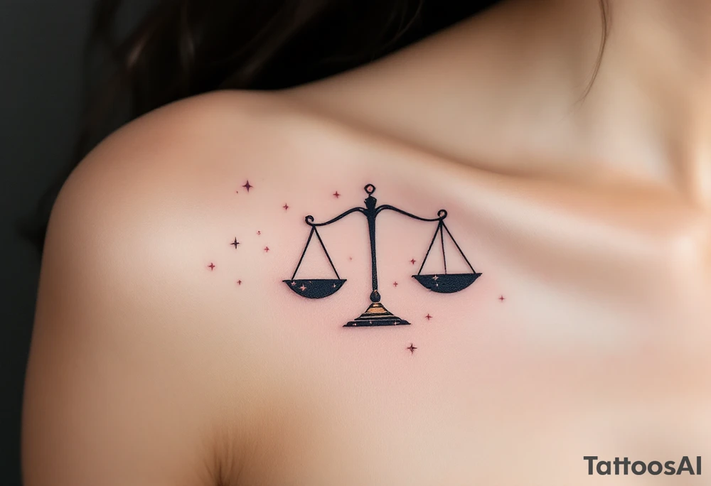 A stylized set of scales rests over a navy Libra star constellation with tiny stars in pastel pink. tattoo idea