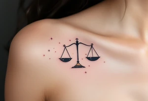 A stylized set of scales rests over a navy Libra star constellation with tiny stars in pastel pink. tattoo idea