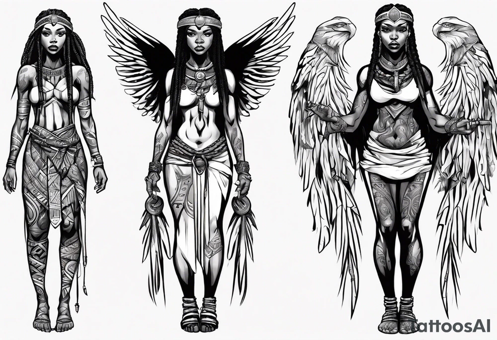 African female Viking  angel full body 
slim long face small mouth long braided hair tattoo idea