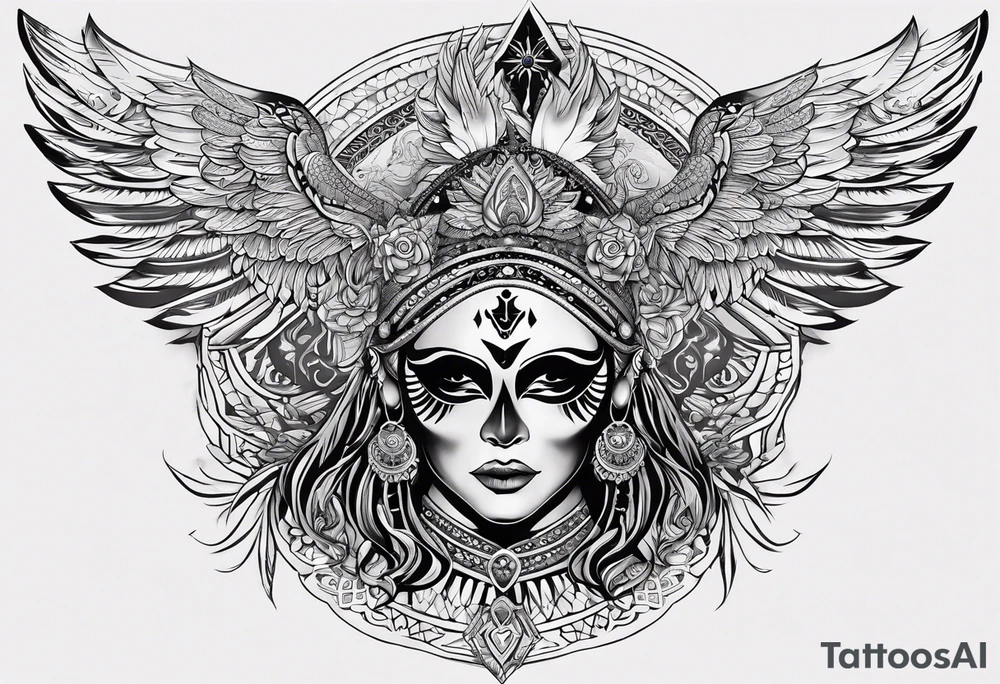 black kali, goddess pirate, alien, angel, pachamama, valkrye, warrior, flying, skull, lotus azul, wing, eagle, zenza resonance, stars, 5D, anahata chakra tattoo idea