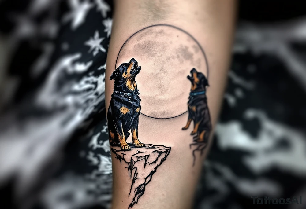 Rottweiler Howling at Moon – A silhouette of a howling Rottweiler on a cliff, with a large full moon in soft gray-blue behind it. A mix of blackwork and soft gradients. tattoo idea