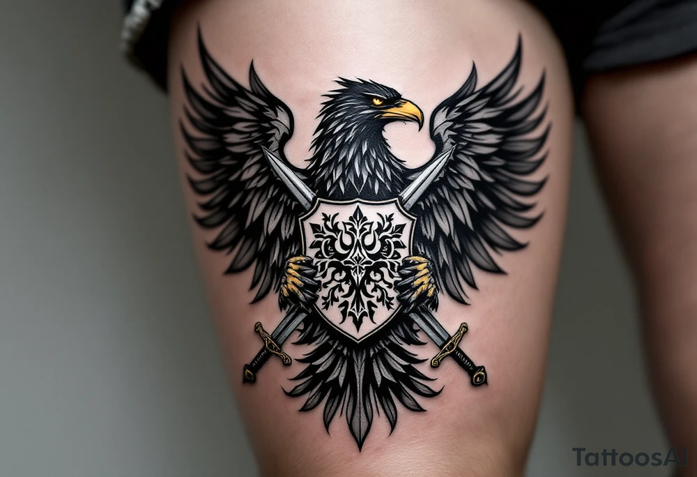 Silesian Eagle with a Shield and Swords – A fierce black eagle clutching a silver shield with traditional Silesian patterns, crossed by two ornate medieval swords. The eagle’s eyes glow in deep amber, symbolizing vigilance and protection. tattoo idea