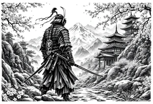 arm sleeve tattoo stencil of a samurai standing at the bottom of a mountain with cherry blossoms in the background, and japanese structures, also include an oni mask tattoo idea