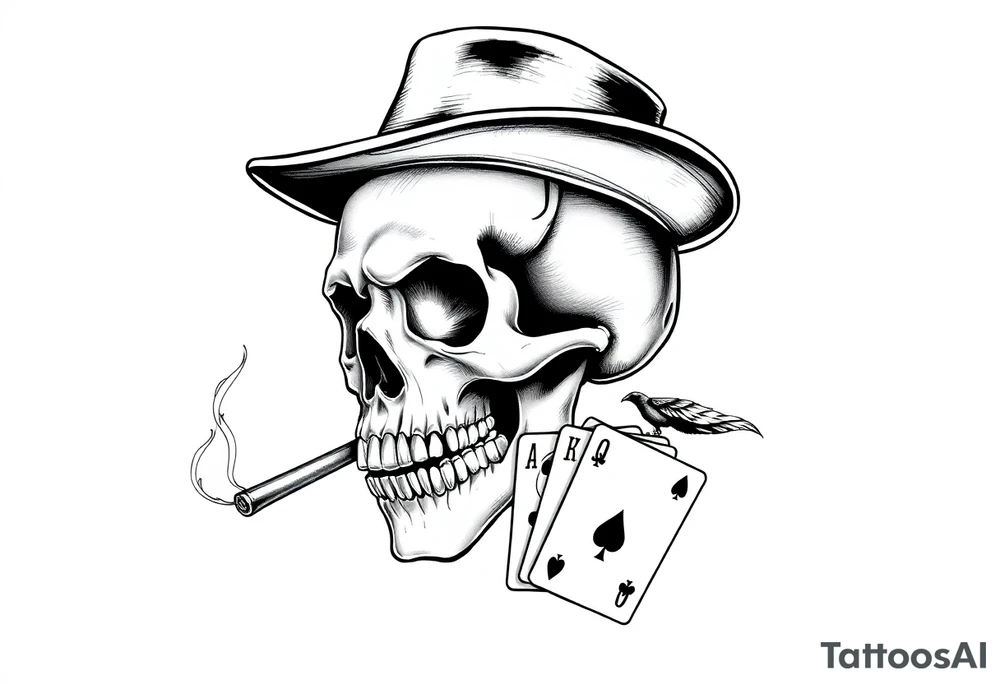 skull with top-hat,cigar in his mouth and playing cards. tattoo idea