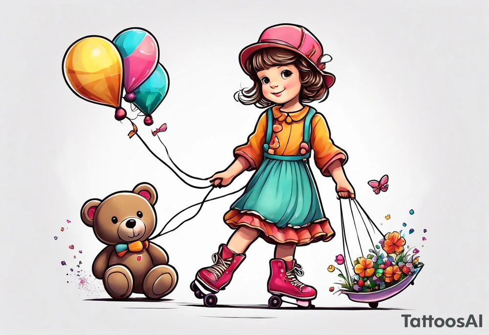 a little girl in a dress standing with a teddy bear in roller skates, flying a kite tattoo idea