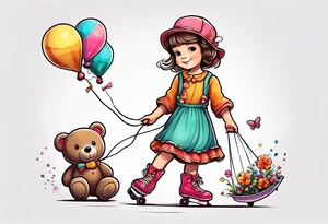a little girl in a dress standing with a teddy bear in roller skates, flying a kite tattoo idea