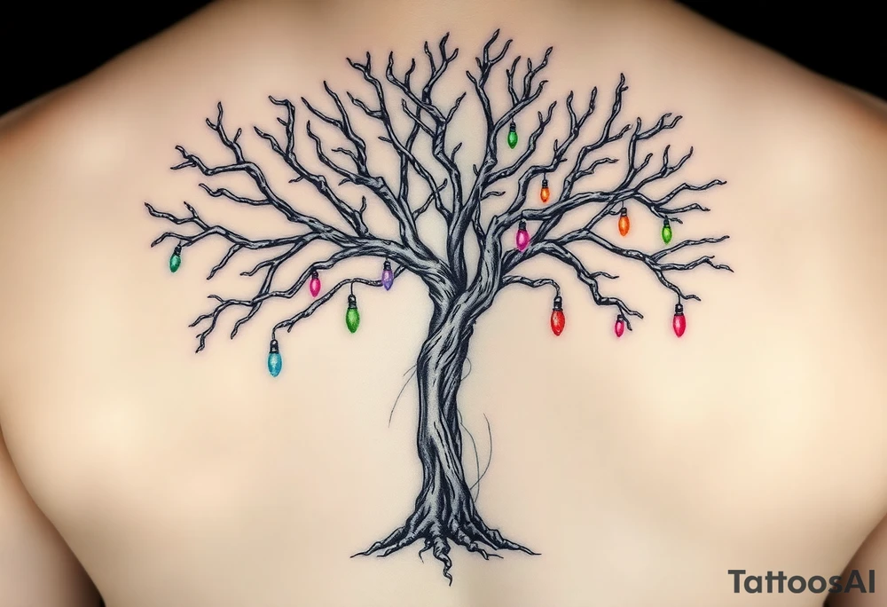 An eerie tree made out of human bones. The bigger the branches, the bigger the bones, so small branches will be hand and finger bones. There are also glass lights hanging throughout the tree and the lights are all colors of the rainbow. So this eerie tree is still somewhat beautiful tattoo idea