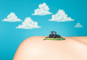 A tractor surrounded by rolling green hills, under a bright blue sky with white fluffy clouds tattoo idea