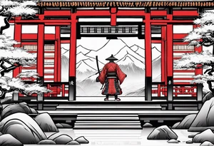 Irezumi style samurai in front of shinto shrine in bamboo grove tattoo idea