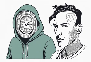 Time traveller man with time traveller visiting present from future hoodie covered face tattoo idea