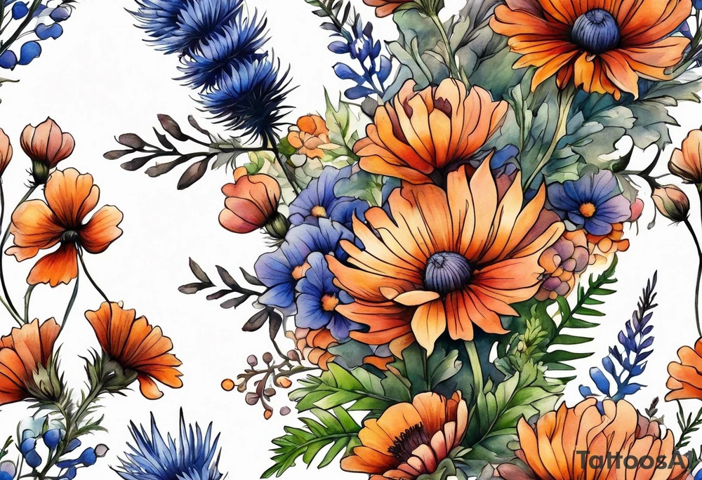 cascading wildflowers with thistles, ferns, burnt orange flowers all in color tattoo idea