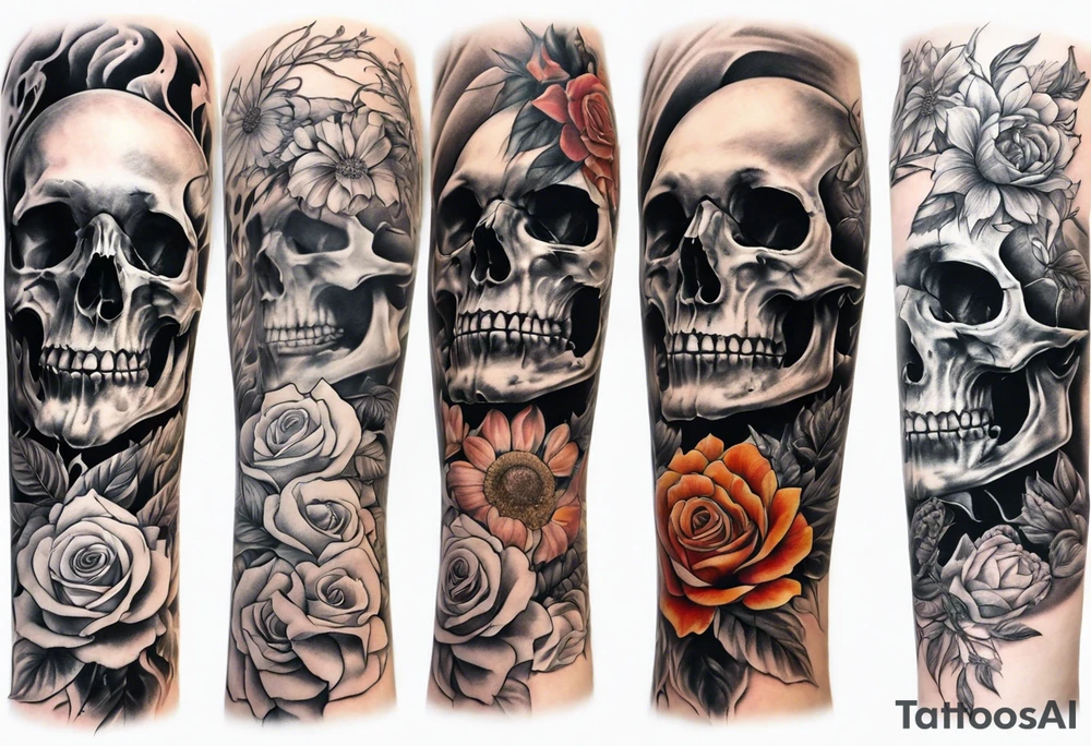 arm sleeve indicating pain, consisting of bones and screaming faces and dead flowers tattoo idea