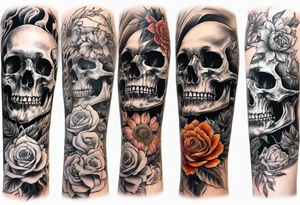 arm sleeve indicating pain, consisting of bones and screaming faces and dead flowers tattoo idea