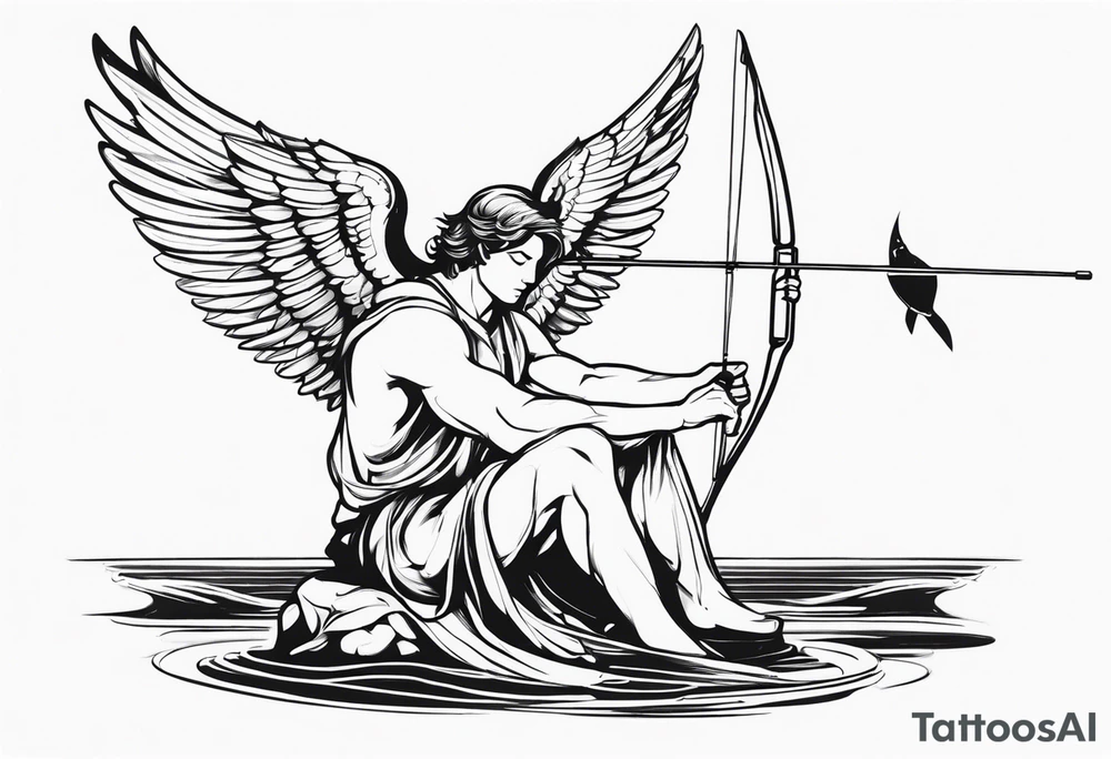 male angel with a halo sitting peacefully with fishing rod tattoo idea