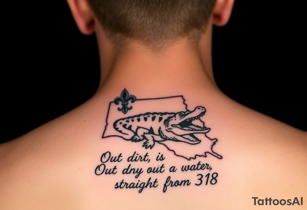 Louisiana state outline with fleur-de-lis, a bayou with a gator , the 318 area code and and quote that says  Out the dirt, out the water, straight from 318 tattoo idea