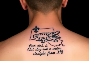 Louisiana state outline with fleur-de-lis, a bayou with a gator , the 318 area code and and quote that says  Out the dirt, out the water, straight from 318 tattoo idea