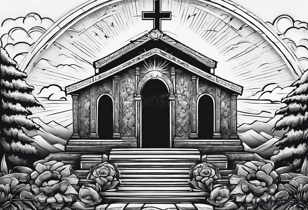 Tomb with cross and sun in the background tattoo idea