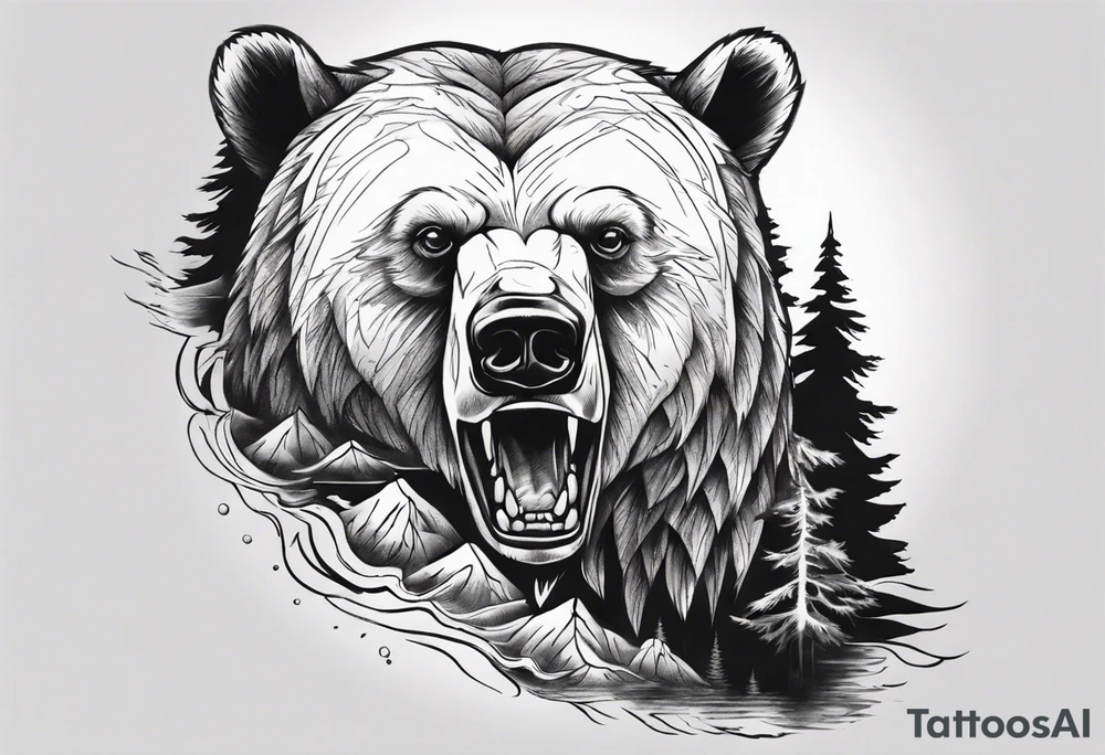 bear head right above the forest line with a lake below, full arm sleeve tattoo tattoo idea