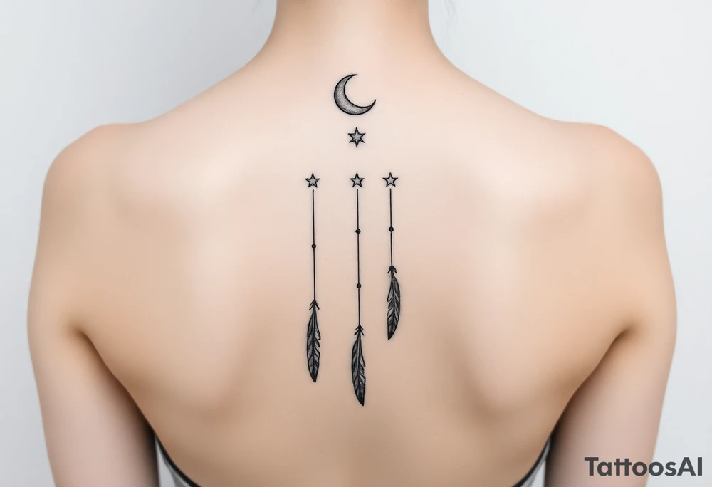 Narrow vertical memorial chain of symbols made of a moon, stars symbolizing loss, a brother and sister bond, and strength in a boho style following down the spine in with 3 vertical different lengths flowing lines made of a discreet connection of morse code ".--- .- --.     .-.. ... -.- .- .-.   -.. .. --.     .-.. .. .-.. .-.. . -... .-. --- .-. forming 3 arrow shapes connected to 3 flowing feathers hanging from the end of the morse code lines tattoo idea