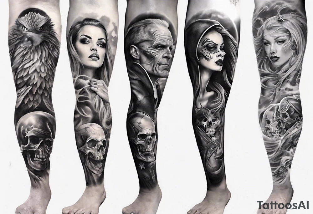 people dies but legends live forever leg sleeve tattoo idea