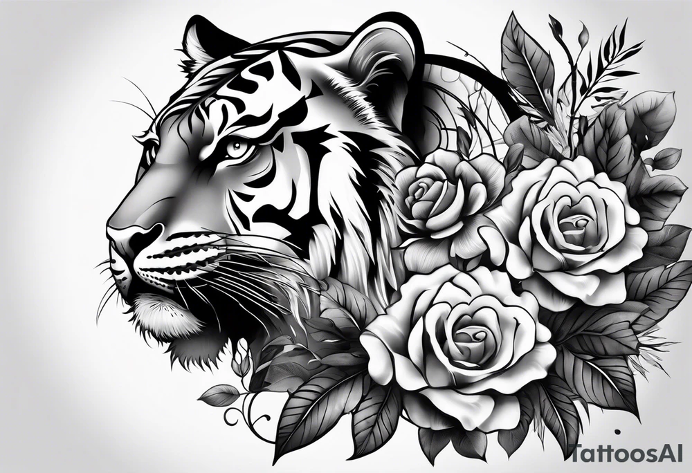 Full arm sleeve with compass and tiger roses tattoo idea