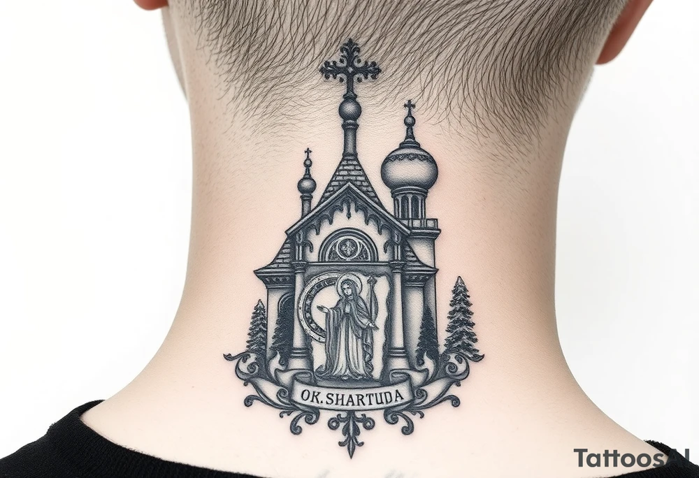 medium traditional russian orthodox church with a russian coat arms and virgin mary tattoo idea