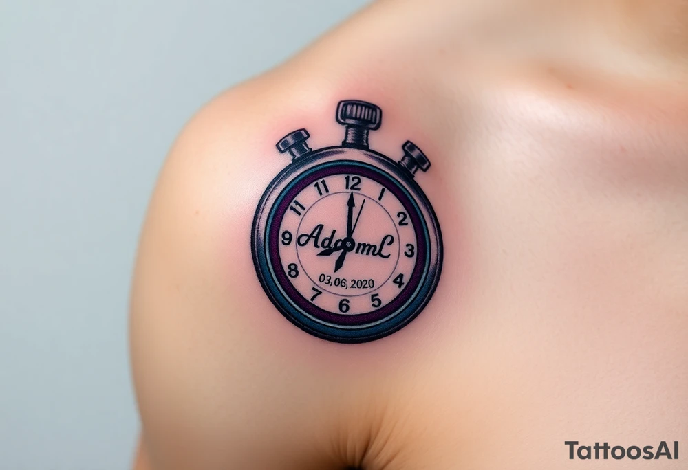 A stopwatch clock, which contains the child’s name "AdamL and birth date "03. 06. 2020", in blue, purple, and silver tattoo idea