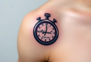 A stopwatch clock, which contains the child’s name "AdamL and birth date "03. 06. 2020", in blue, purple, and silver tattoo idea