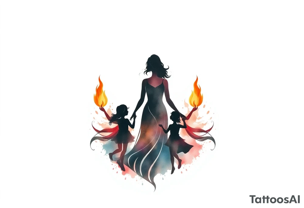 Silhouette of a mother passing 2 flames to two daughters tattoo idea