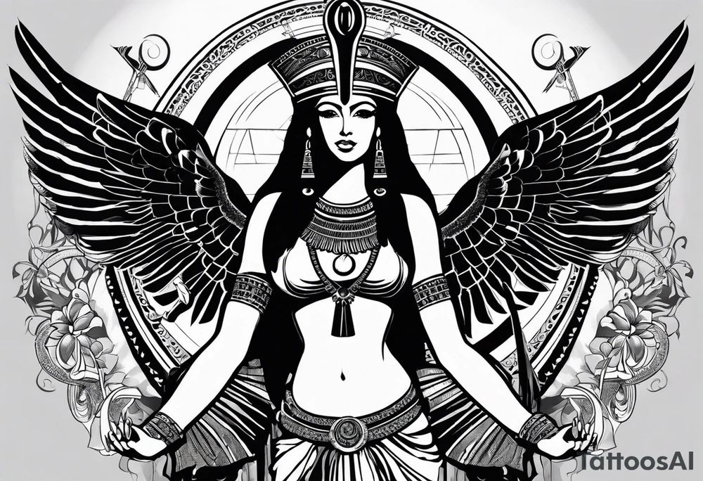 black and white Egyptian goddess Isis, who is often depicted as a woman with outstretched wings, holding an ankh (a symbol of life) in one hand and a lotus flower in the other. Her headdress often includes a throne or a solar disk. The tattoo design can vary in style and size, but it typically aims to capture the essence of this revered Egyptian deity, emphasizing her beauty, power, and maternal qualities. The choice of colors and additional elements can also be customized to create a unique and visually striking representation of the goddess Isis tattoo idea