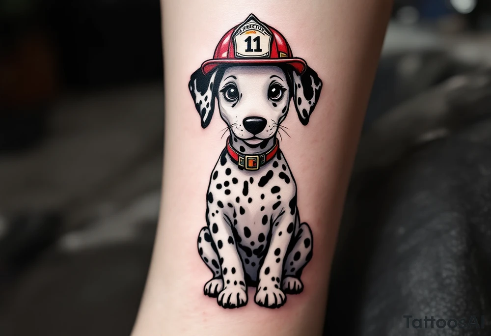 A Dalmatian wearing a firefighter’s red helmet, sitting proudly with a playful yet heroic expression, in realistic black and white tones. tattoo idea