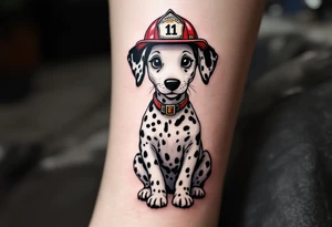 A Dalmatian wearing a firefighter’s red helmet, sitting proudly with a playful yet heroic expression, in realistic black and white tones. tattoo idea