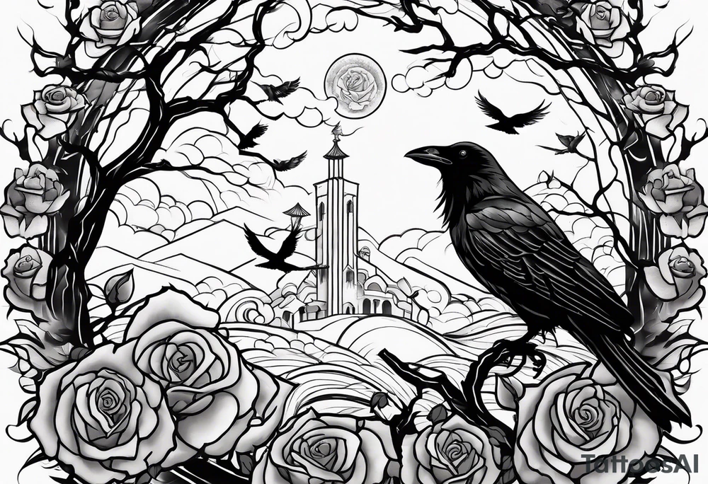 A lightening stormy night with a tree of life, a rose garden, and a raven in the sky tattoo idea