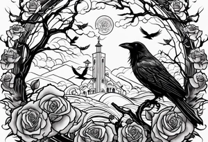 A lightening stormy night with a tree of life, a rose garden, and a raven in the sky tattoo idea