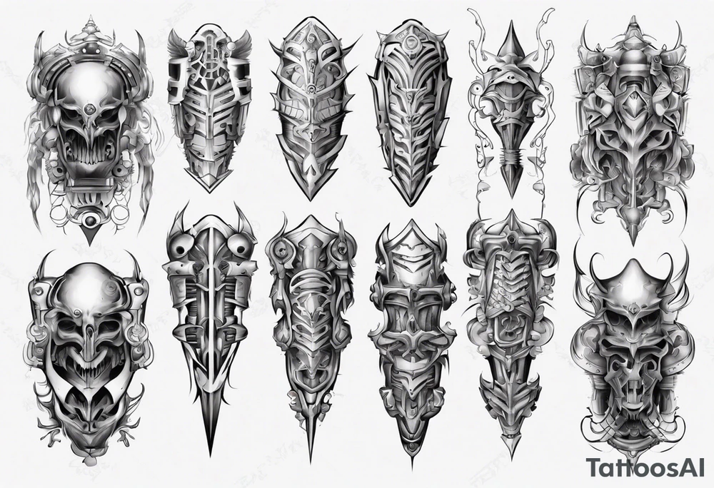 Leg armor mechanical symmetrical tattoo idea