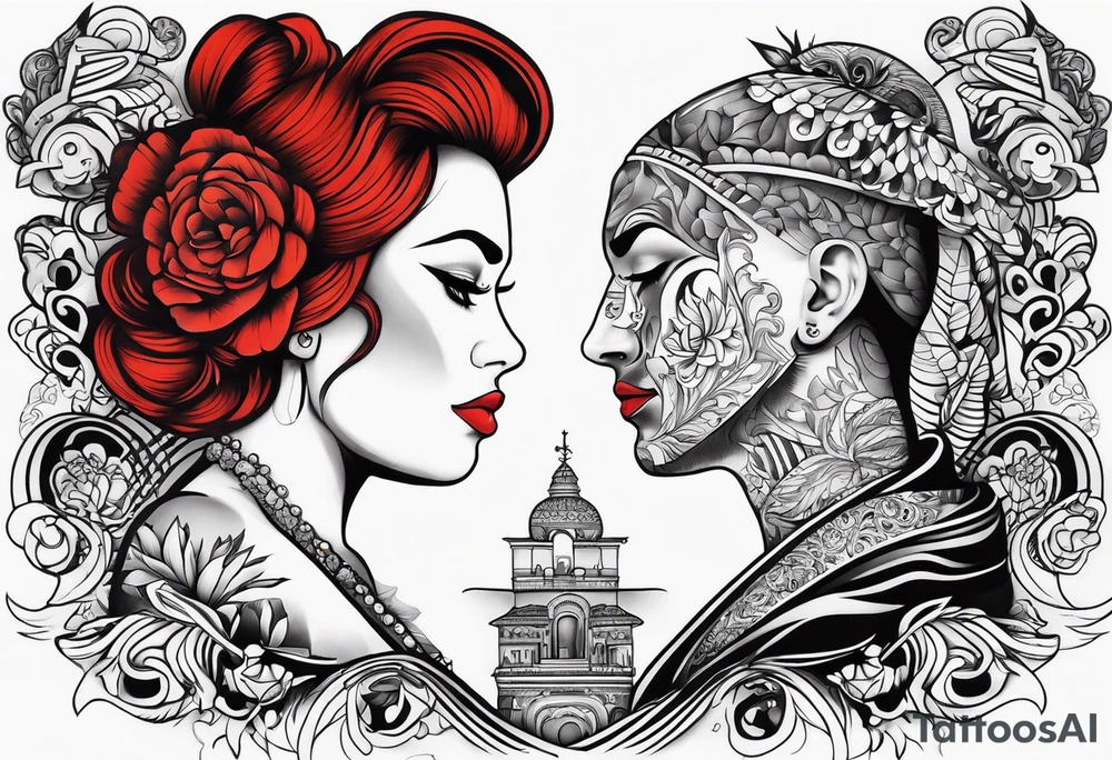 Couple's tattoos red head and brown mexican tattoo idea