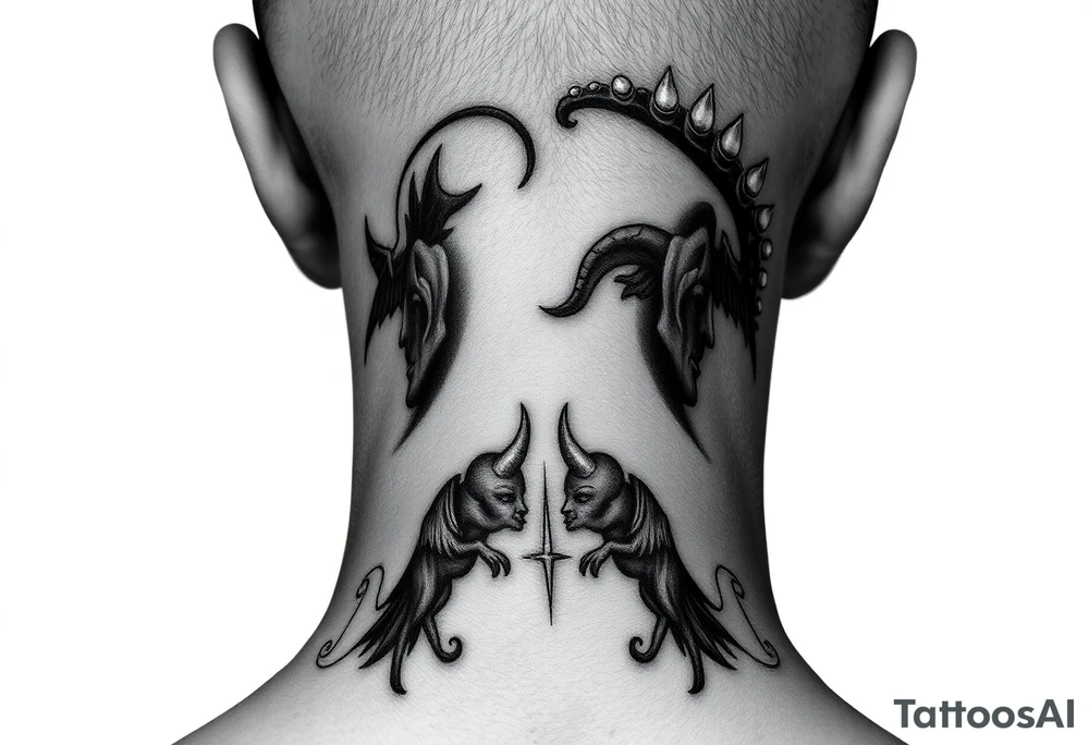 position behind the neck Angel (on the right) whispering in the right ear, demon (on the left) whispering in the left ear. It must be as realistic as possible. tattoo idea