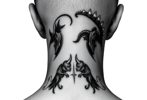 position behind the neck Angel (on the right) whispering in the right ear, demon (on the left) whispering in the left ear. It must be as realistic as possible. tattoo idea