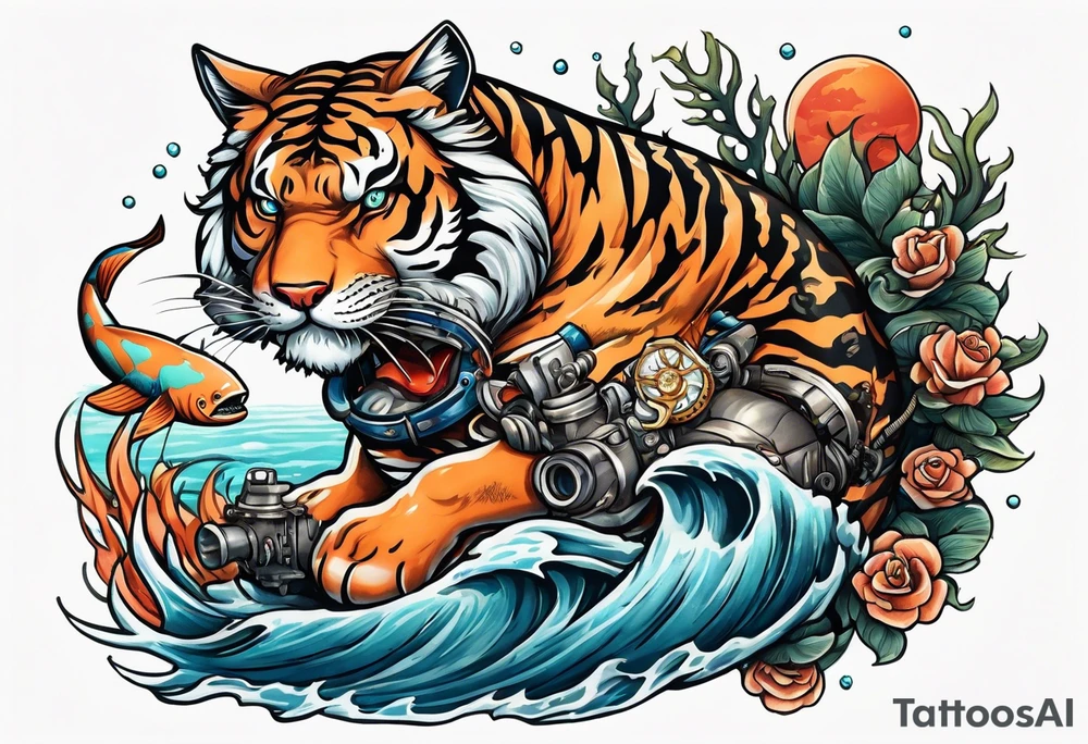 Deep sea diver with tiger shark and pin up girl tattoo idea
