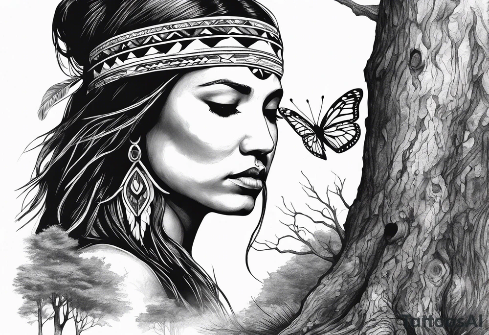 Tree with upper left branches forming a native American woman's face as she looks down onto the trees base and a lonely woman kneels there with 1 blue butterfly tattoo idea